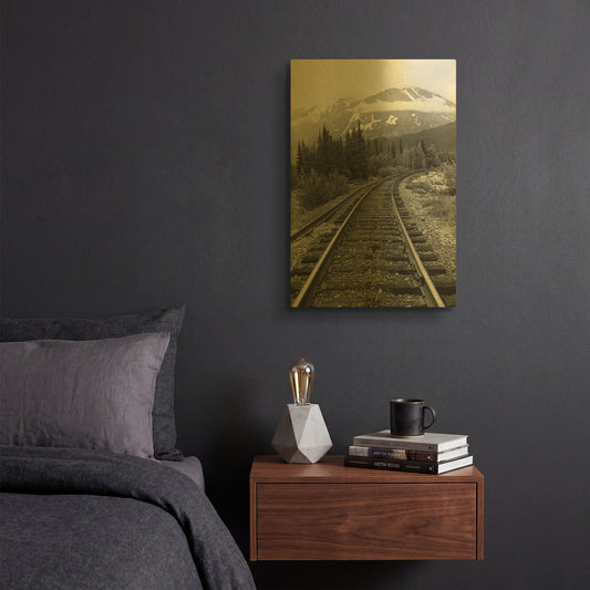 'Railroad Tracks, Alaska 85' By Monte Nagler Gold Metal Wall Art