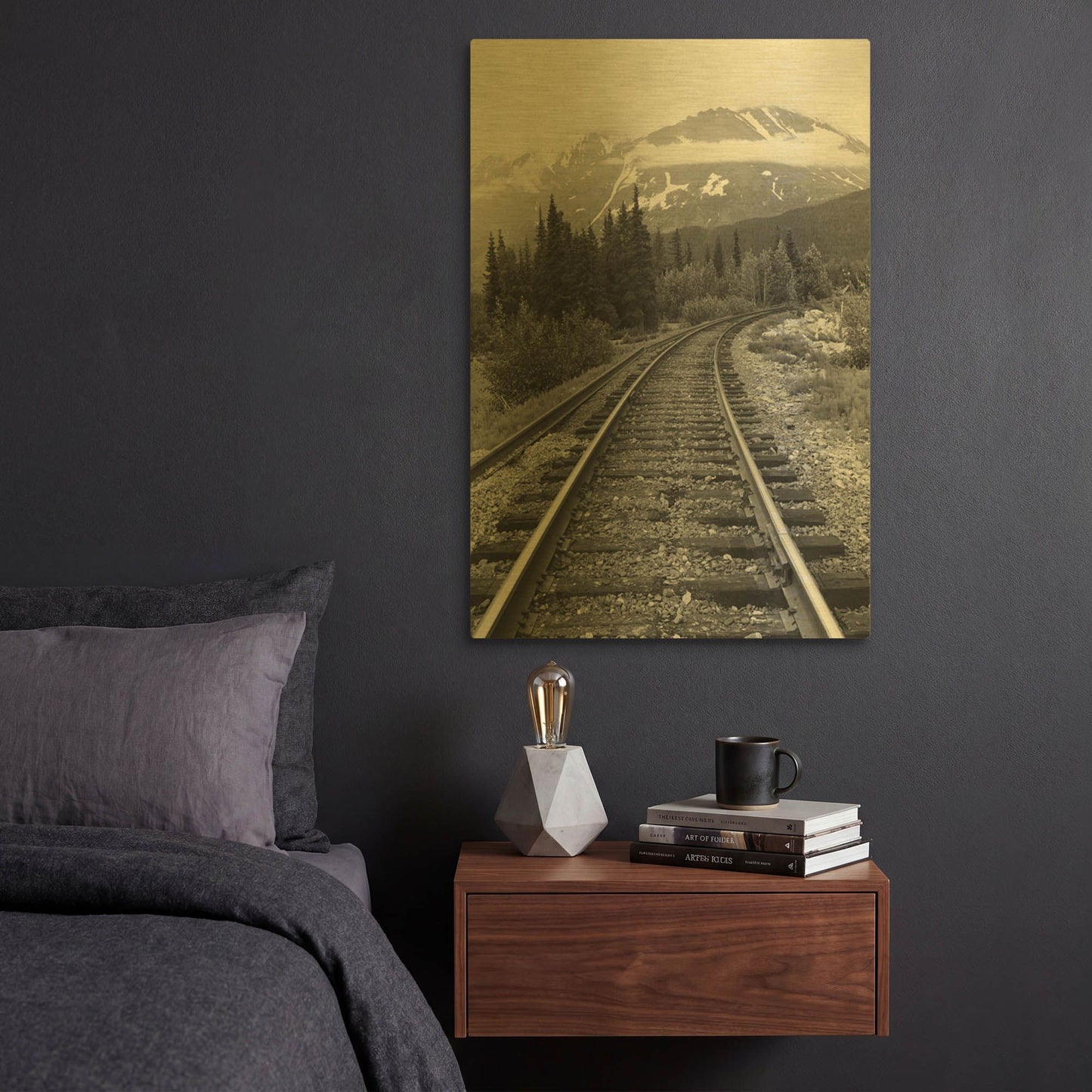 'Railroad Tracks, Alaska 85' By Monte Nagler Gold Metal Wall Art