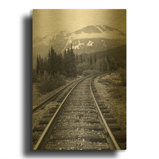 'Railroad Tracks, Alaska 85' By Monte Nagler Gold Metal Wall Art