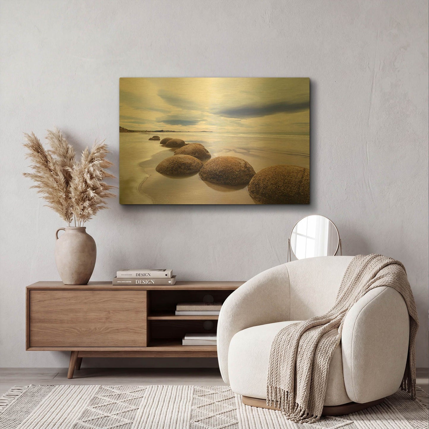 'Moeraki Boulders 3, New Zealand 98' By Monte Nagler Gold Metal Wall Art