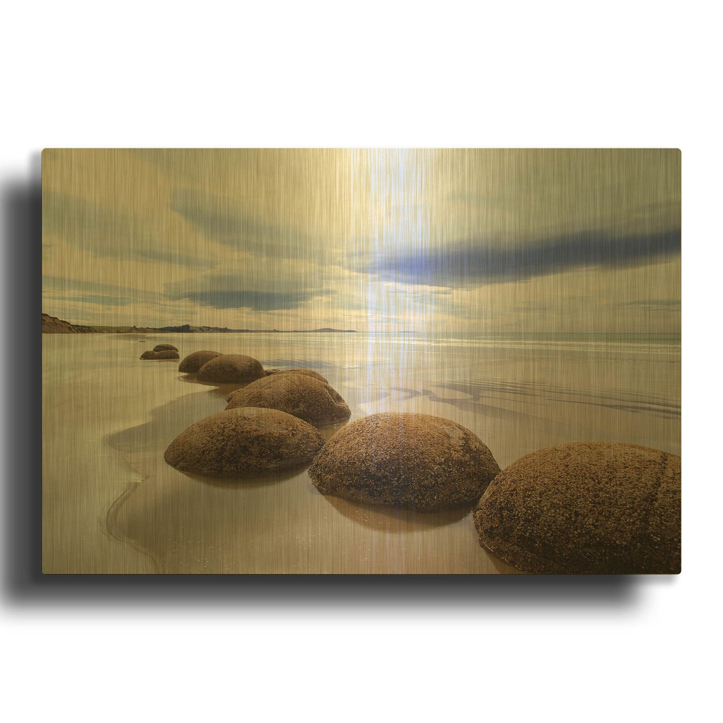 'Moeraki Boulders 3, New Zealand 98' By Monte Nagler Gold Metal Wall Art