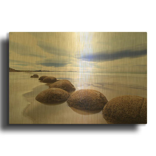 'Moeraki Boulders 3, New Zealand 98' By Monte Nagler Gold Metal Wall Art