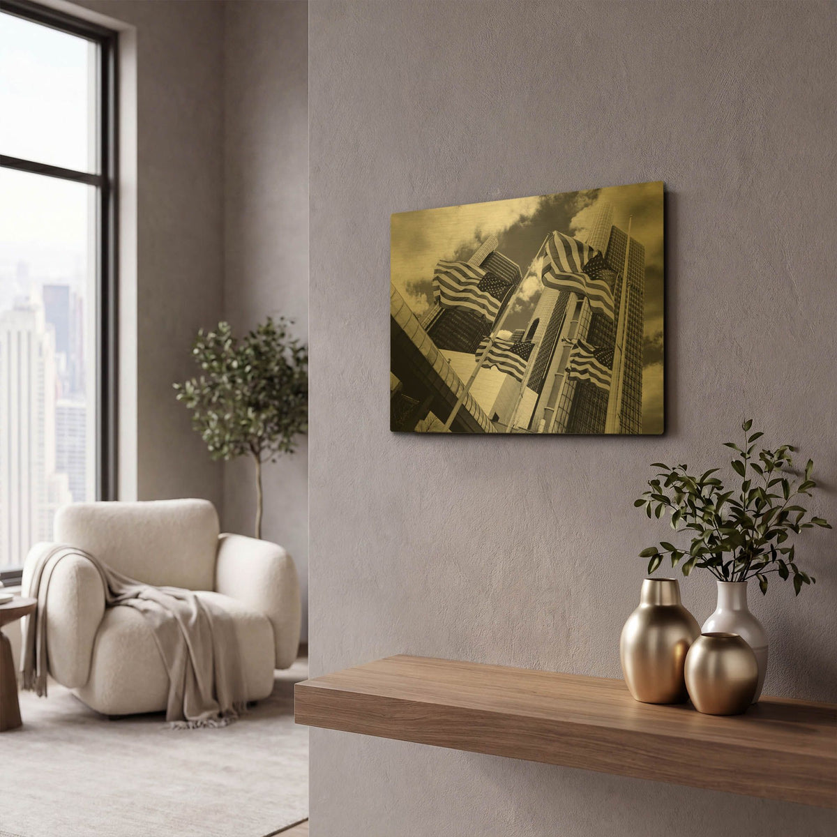 'Renaissance Center & Flags, Detroit, Michigan 06' By Monte Nagler Gold Metal Wall Art