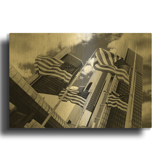 'Renaissance Center & Flags, Detroit, Michigan 06' By Monte Nagler Gold Metal Wall Art