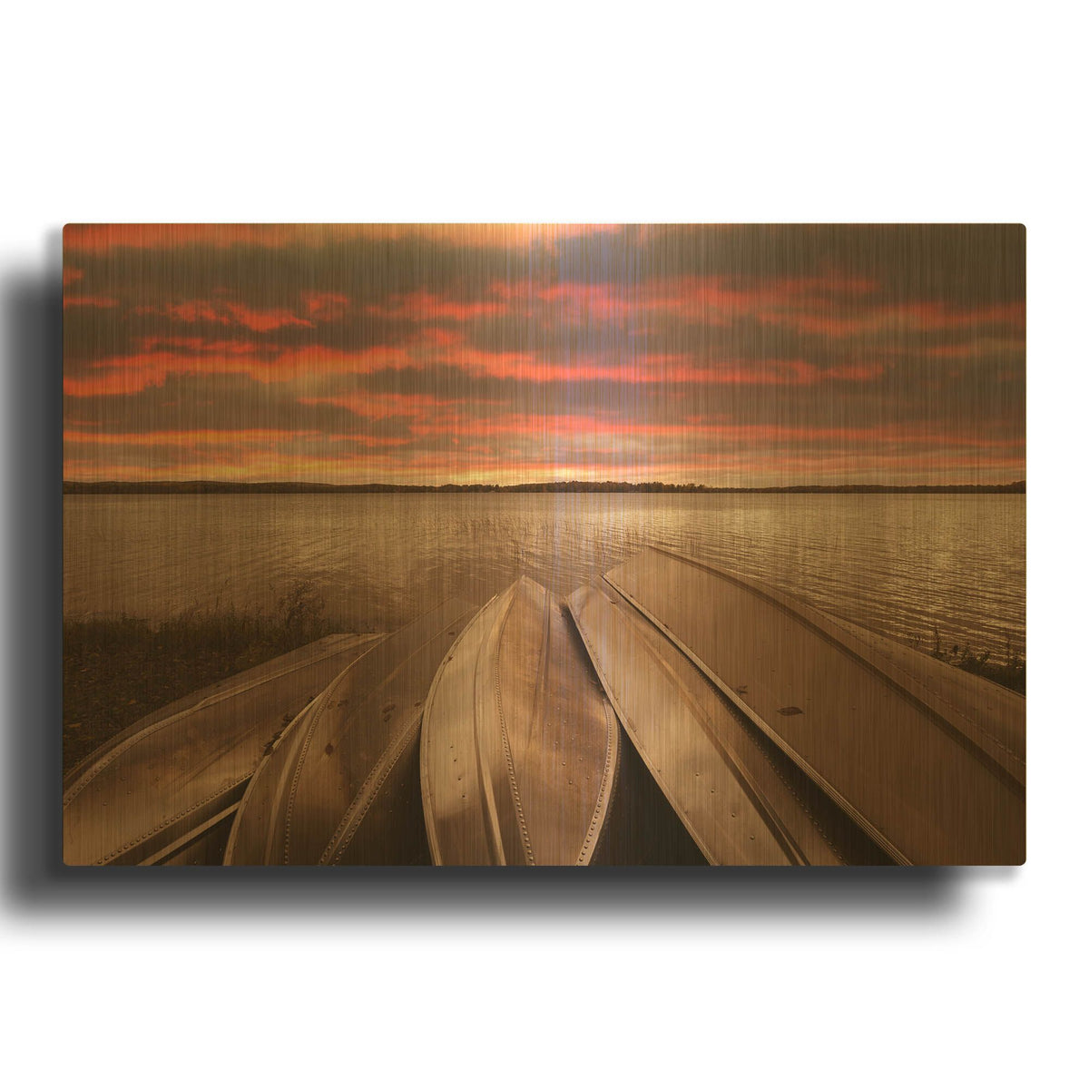 'Five Boats At Sunset, Interlochen, Michigan 14' By Monte Nagler Gold Metal Wall Art