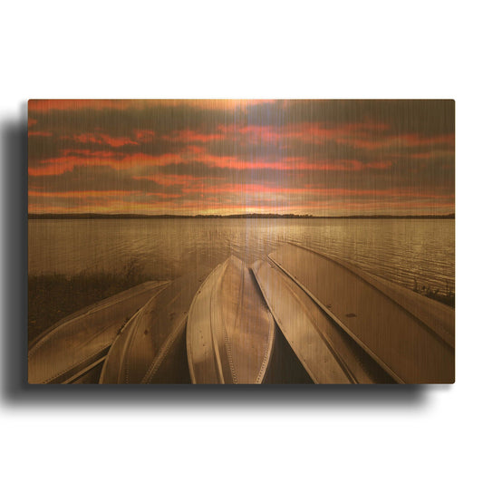 'Five Boats At Sunset, Interlochen, Michigan 14' By Monte Nagler Gold Metal Wall Art