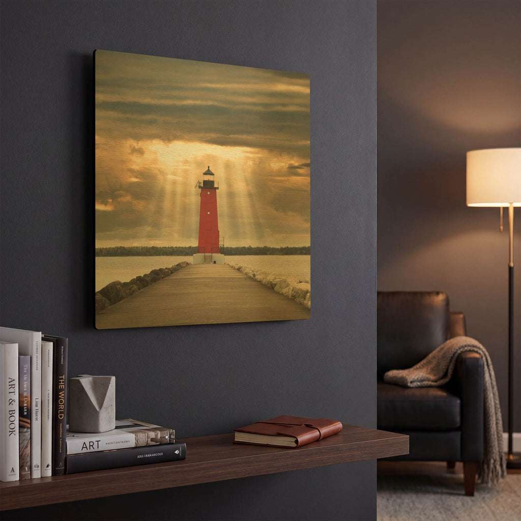 'Manistique Lighthouse & Sunbeams, Michigan 14' By Monte Nagler Gold Metal Wall Art