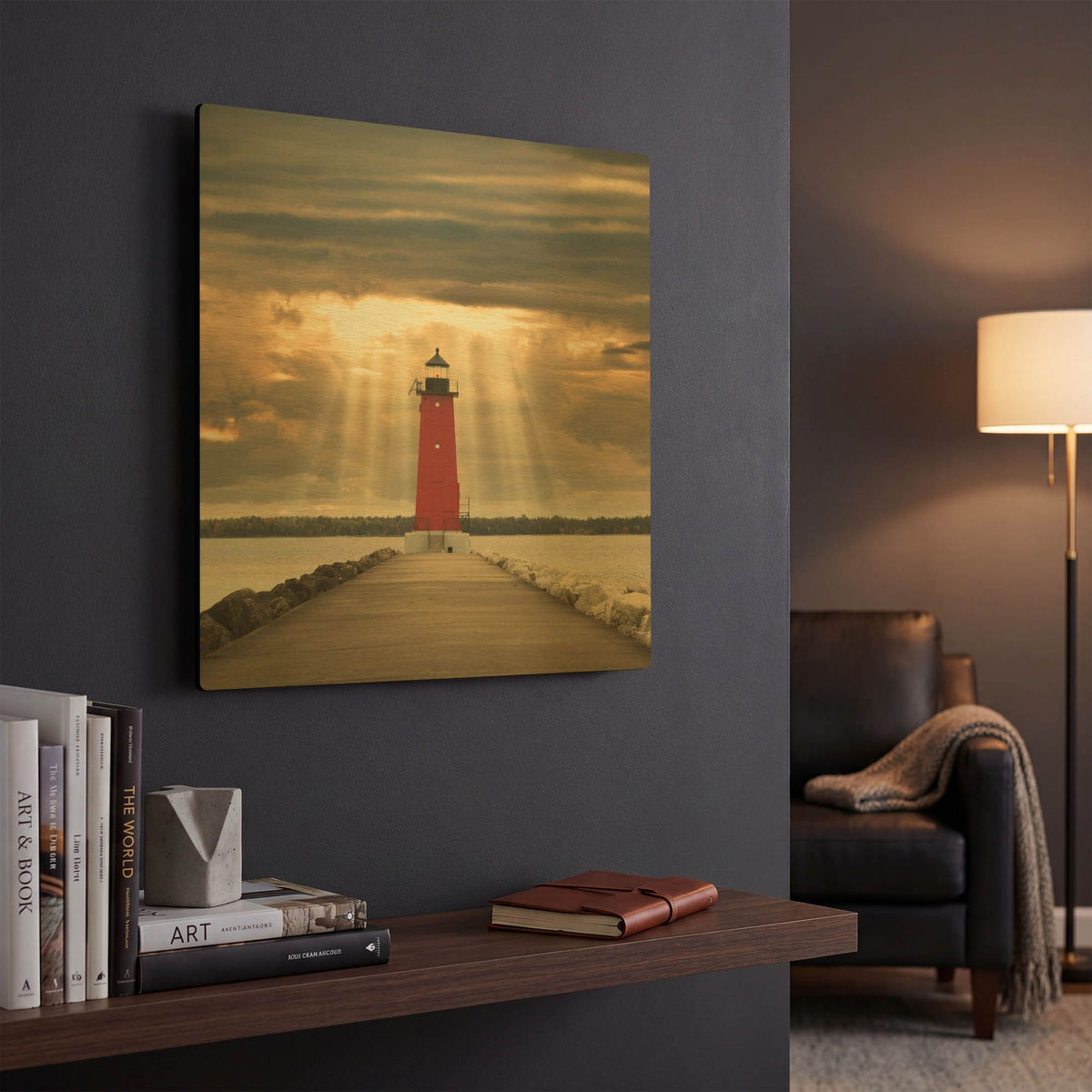 'Manistique Lighthouse & Sunbeams, Michigan 14' By Monte Nagler Gold Metal Wall Art
