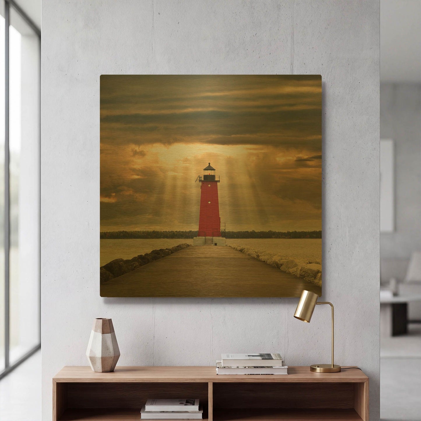 'Manistique Lighthouse & Sunbeams, Michigan 14' By Monte Nagler Gold Metal Wall Art