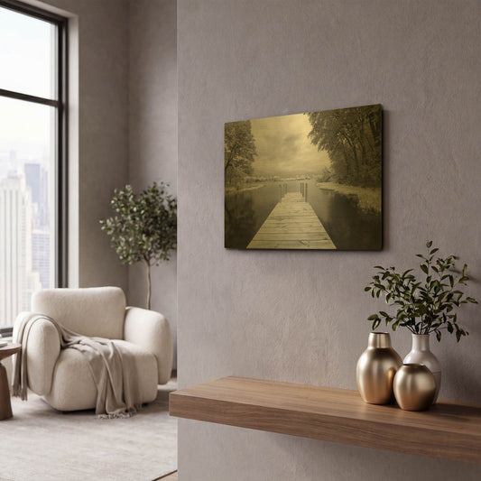'Dock at St. Joseph River, Centreville' By Monte Nagler Gold Metal Wall Art