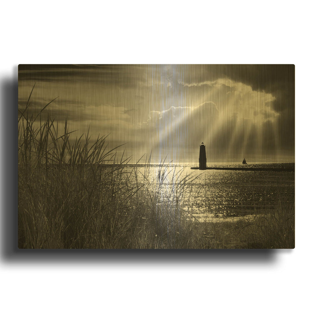 'Frankfort Lighthouse and Sunbeams' By Monte Nagler Gold Metal Wall Art