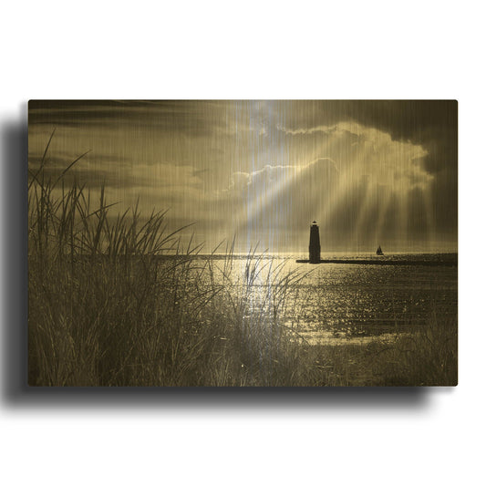 'Frankfort Lighthouse and Sunbeams' By Monte Nagler Gold Metal Wall Art