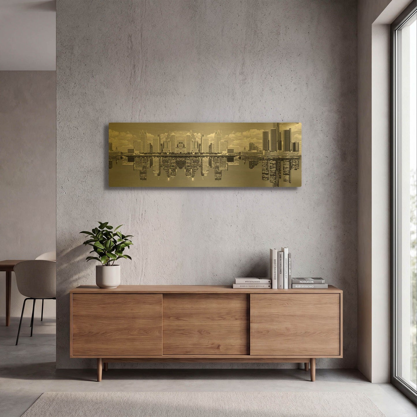 'Detroit Skyline Panorama 2, Michigan' By Monte Nagler Gold Metal Wall Art