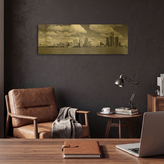 'Detroit Skyline Panorama 4' By Monte Nagler Gold Metal Wall Art