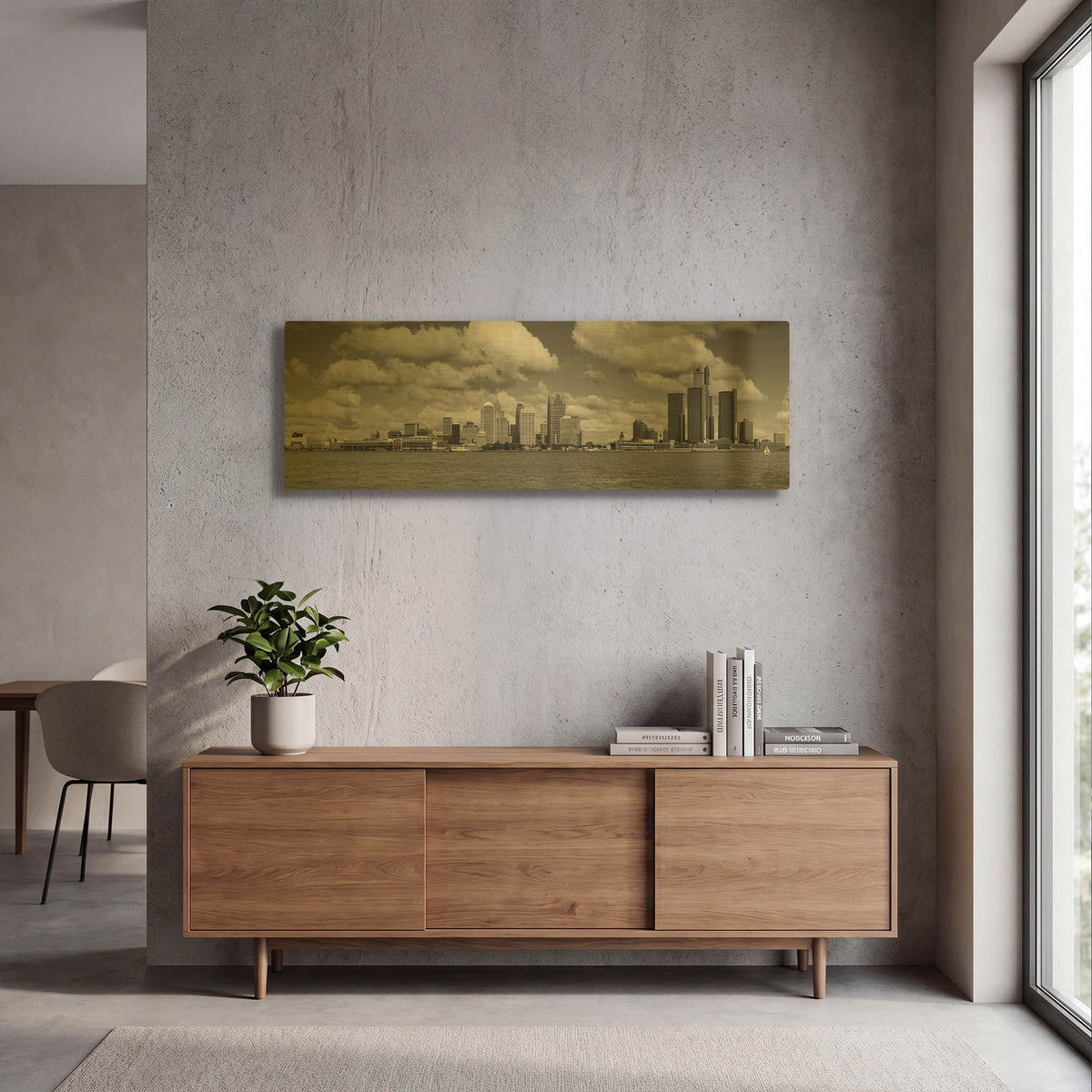 'Detroit Skyline Panorama 4' By Monte Nagler Gold Metal Wall Art