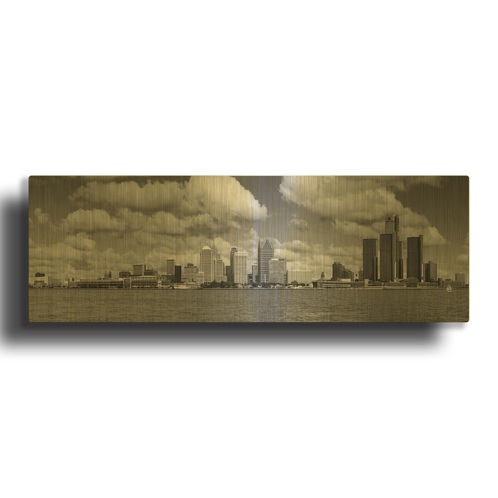 'Detroit Skyline Panorama 4' By Monte Nagler Gold Metal Wall Art