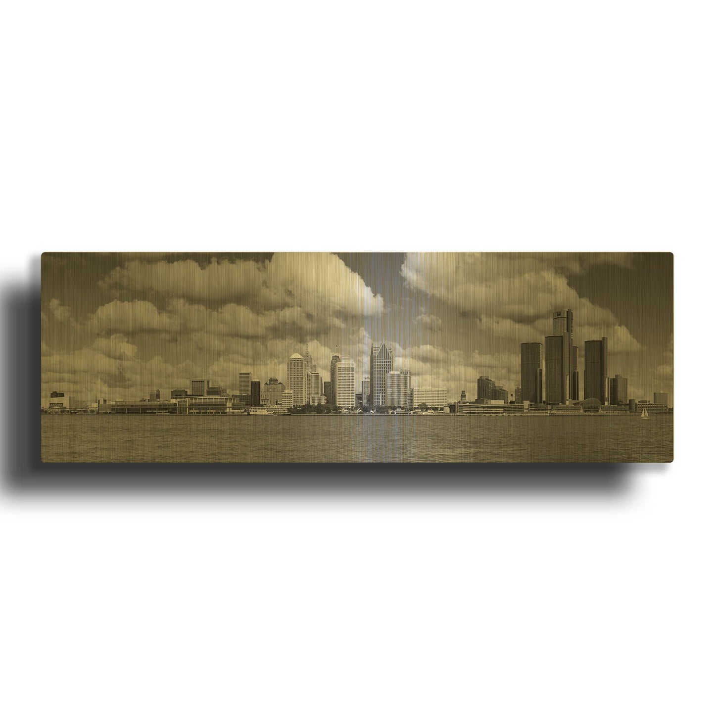 'Detroit Skyline Panorama 4' By Monte Nagler Gold Metal Wall Art