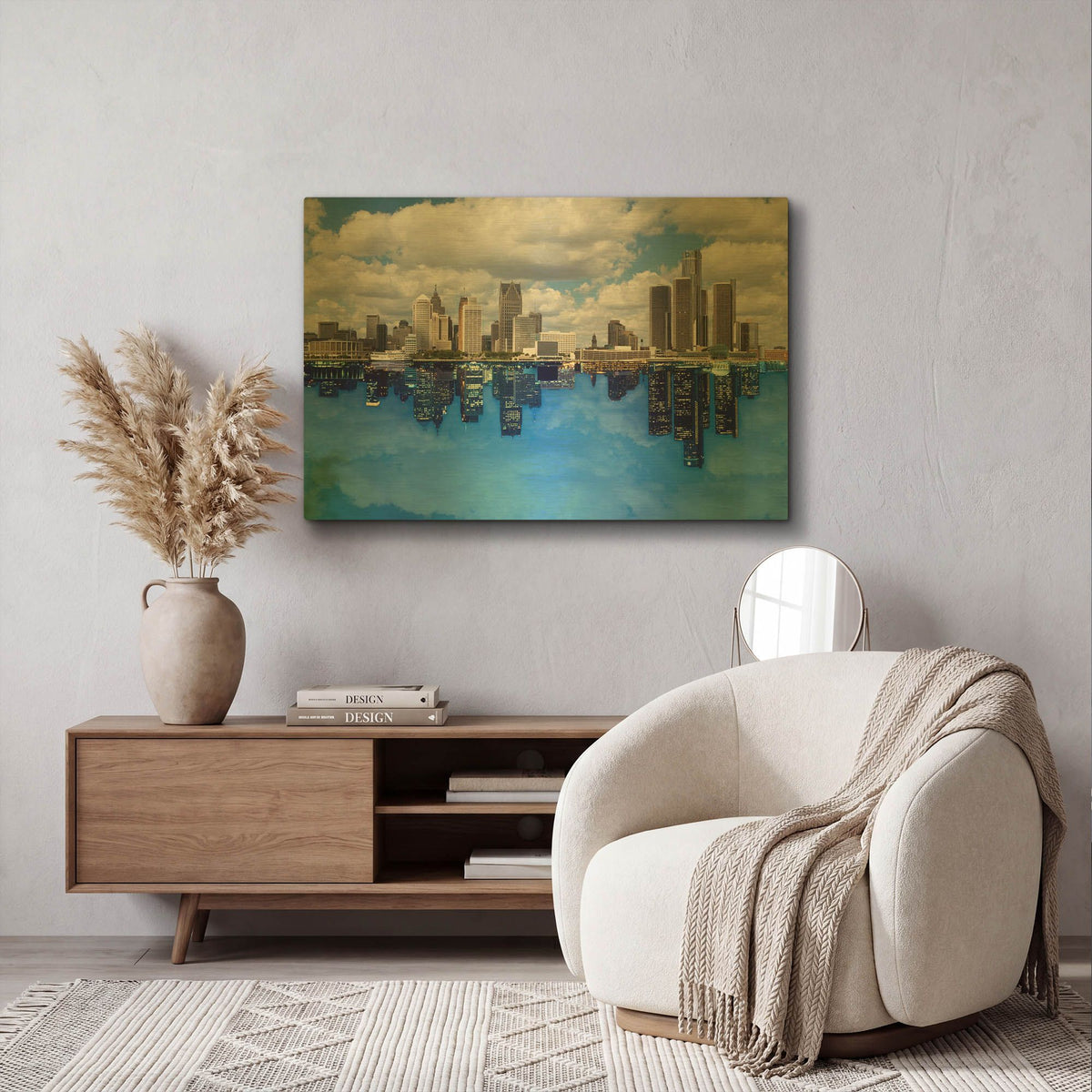 'Detroit Skyline, Michigan 92' By Monte Nagler Gold Metal Wall Art
