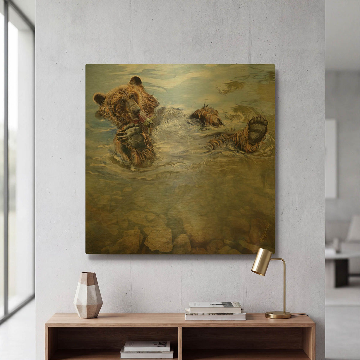'Bear Bath' By Murray Henderson Fine Art Gold Metal Wall Art