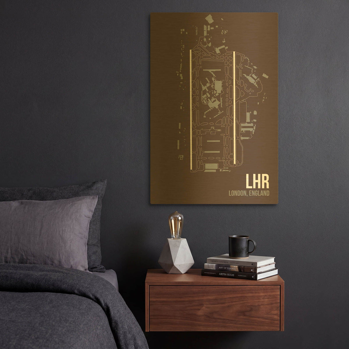 'LHR Airport Layout' By O8 Left Gold Metal Wall Art