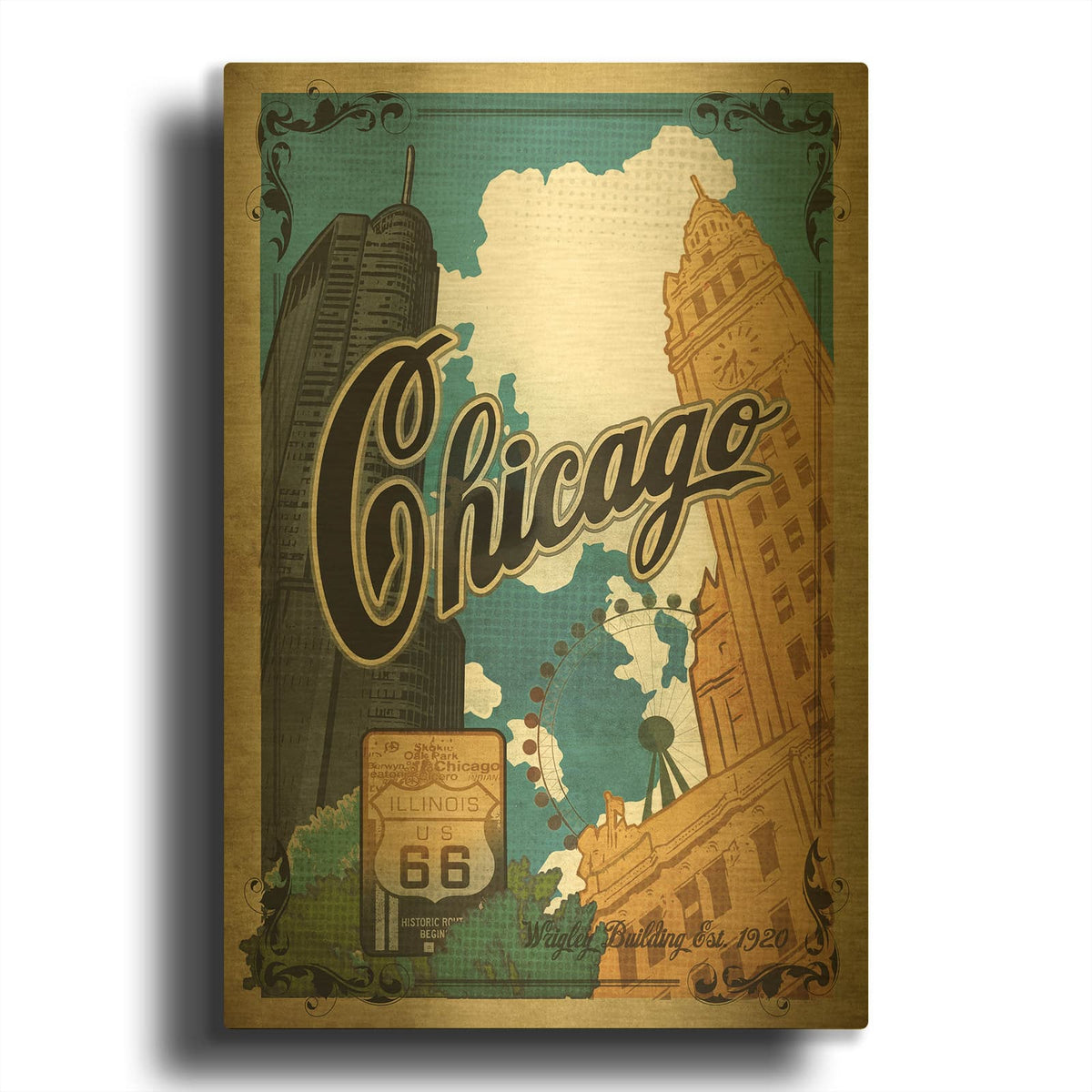 'Vintage Chicago Poster' By Old Red Truck Gold Metal Wall Art