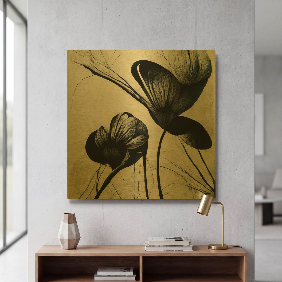 'Flowers Black White 4' By Ray Heere Gold Metal Wall Art