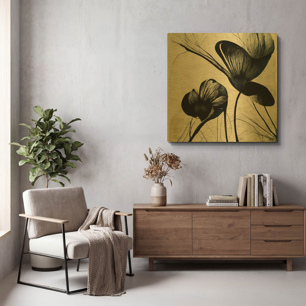 'Flowers Black White 4' By Ray Heere Gold Metal Wall Art