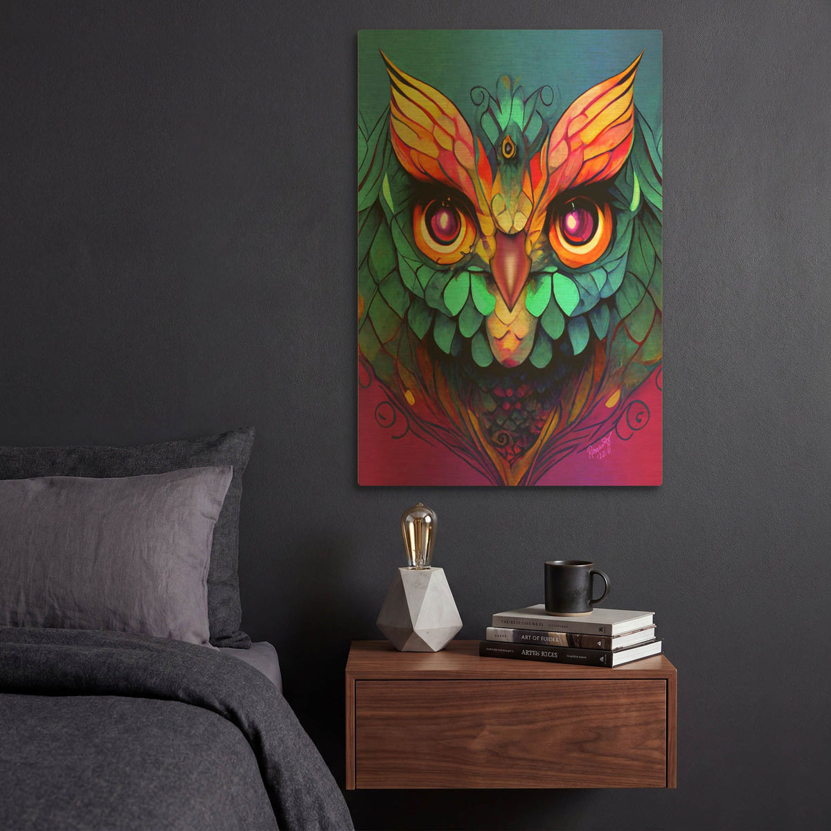 'Fantasy Owls 5' By Romantz Art Gold Metal Wall Art
