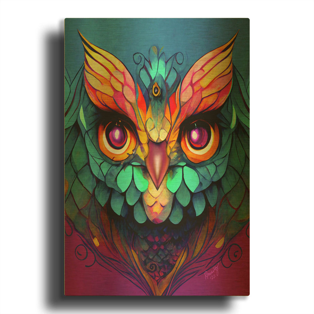 'Fantasy Owls 5' By Romantz Art Gold Metal Wall Art