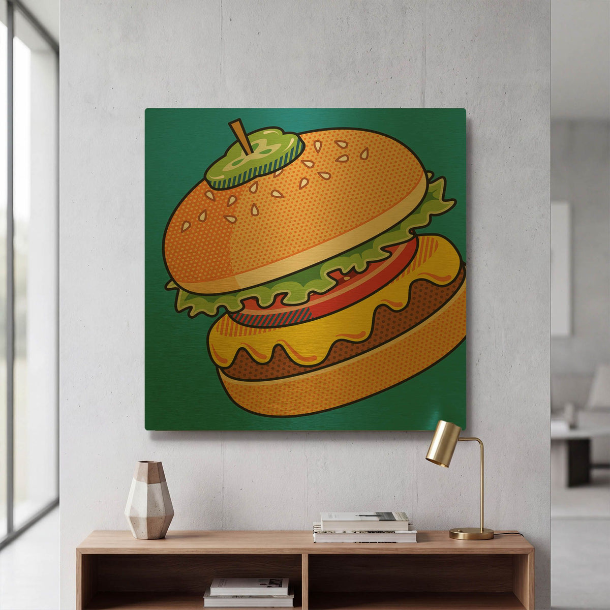 'Cheeseburger On Blue' By Ron Magnes Gold Metal Wall Art