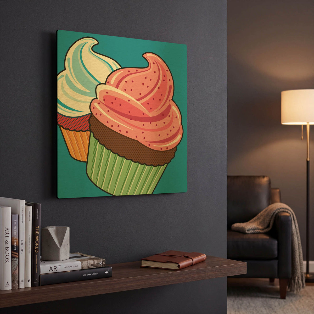 'Cupcakes On Blue' By Ron Magnes Gold Metal Wall Art