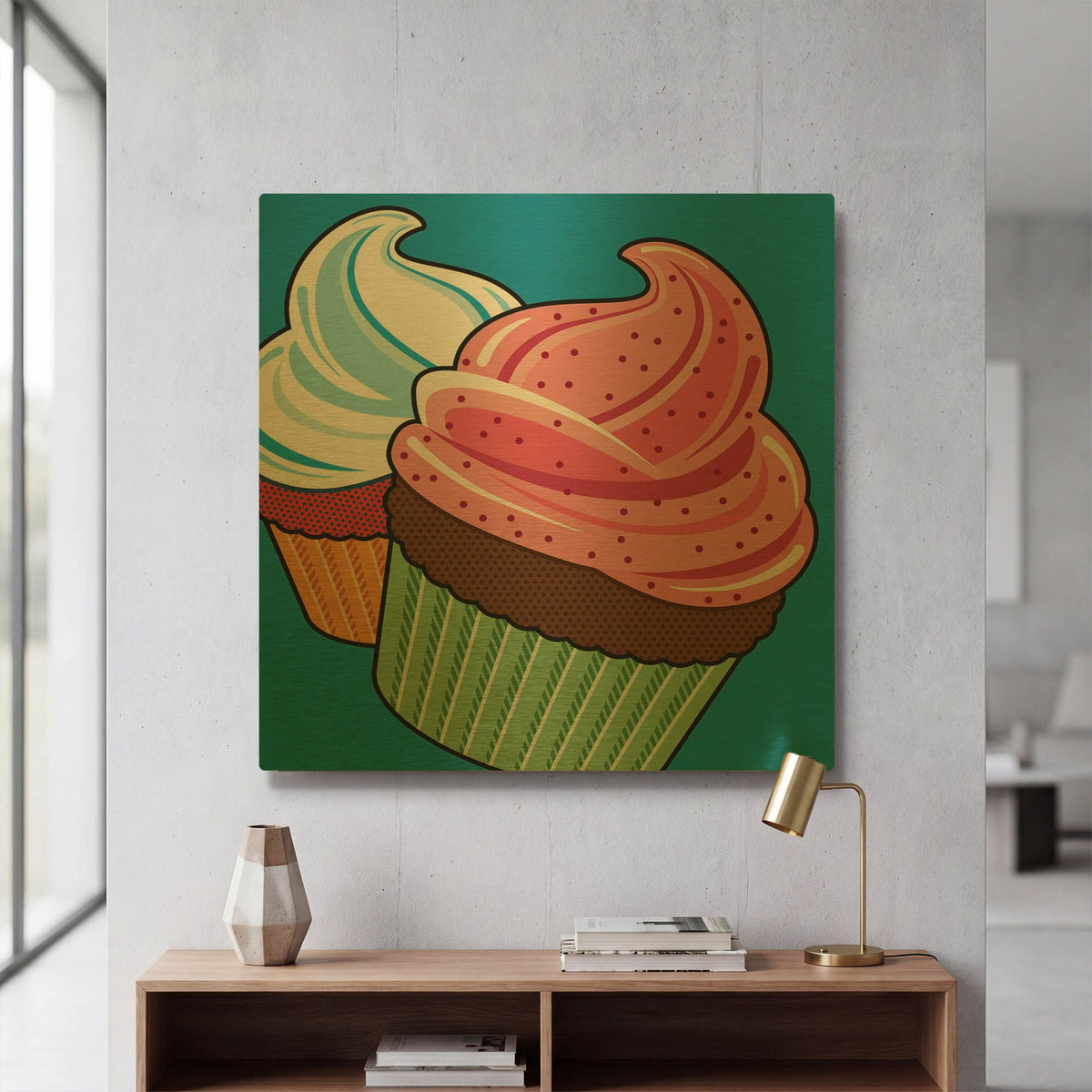 'Cupcakes On Blue' By Ron Magnes Gold Metal Wall Art