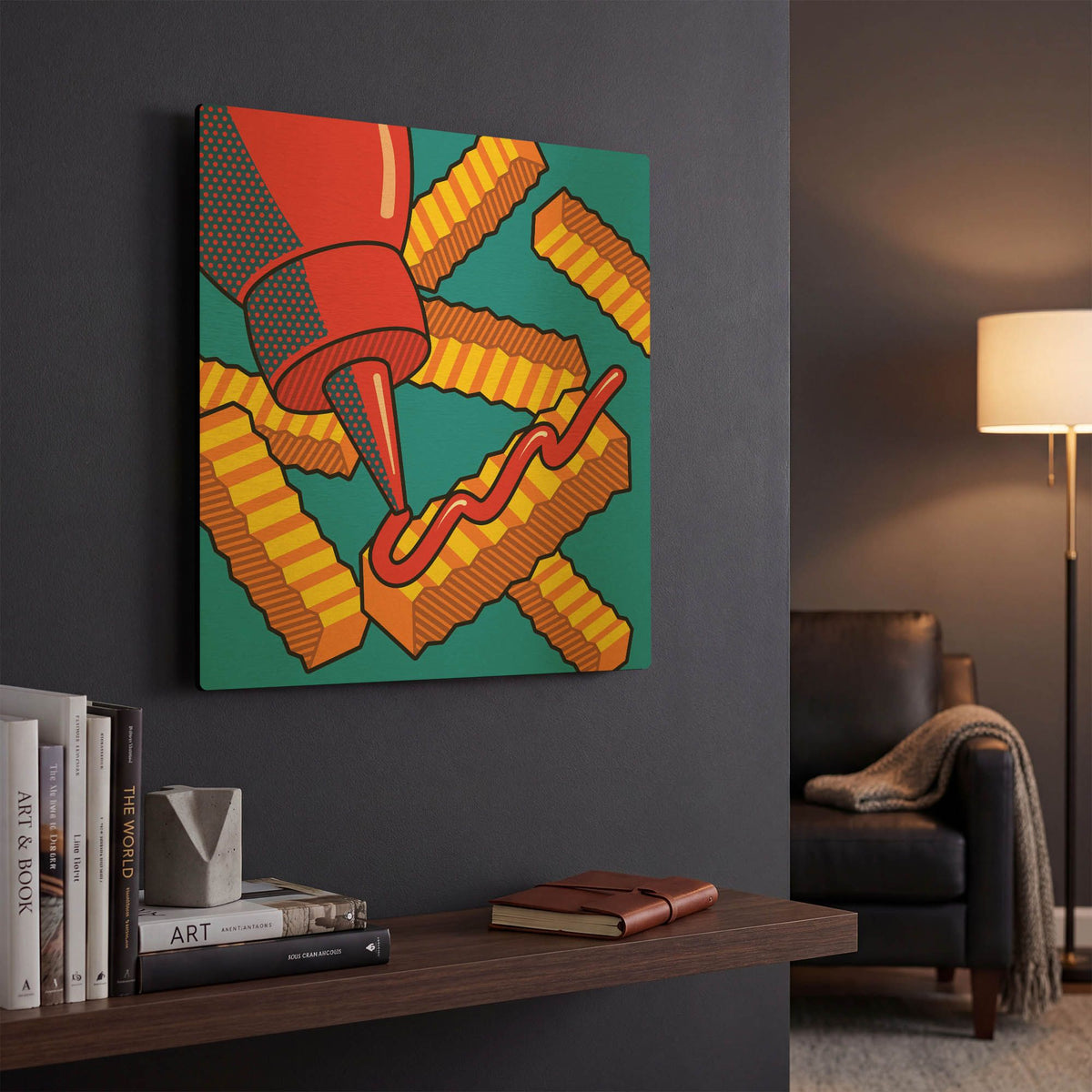 'Fries With Ketchup On Blue' By Ron Magnes Gold Metal Wall Art