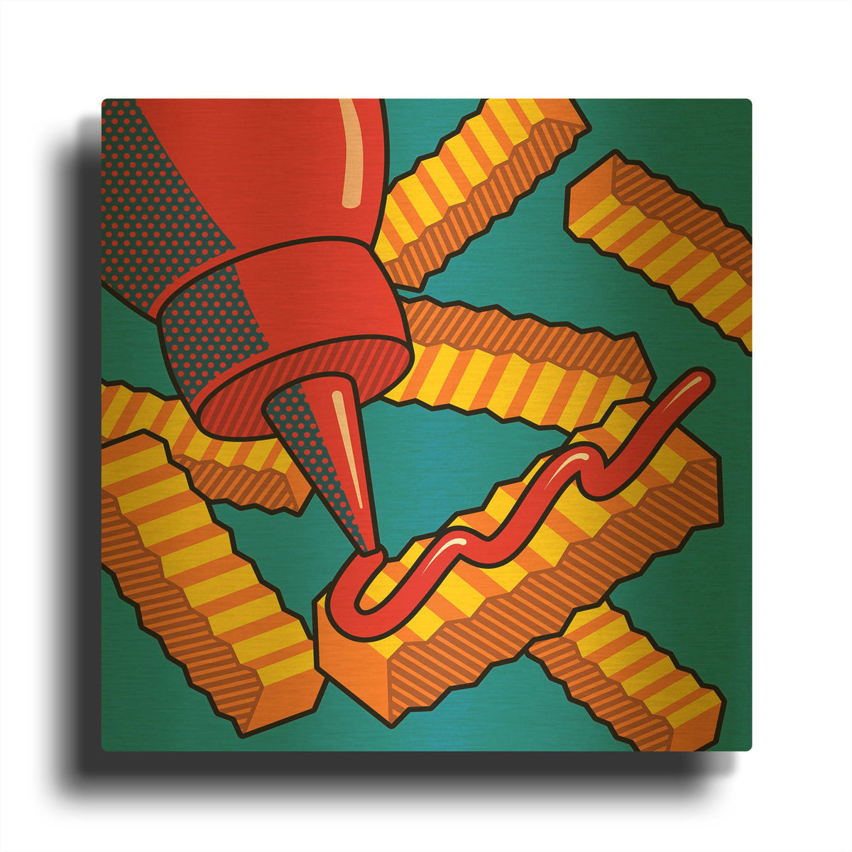 'Fries With Ketchup On Blue' By Ron Magnes Gold Metal Wall Art