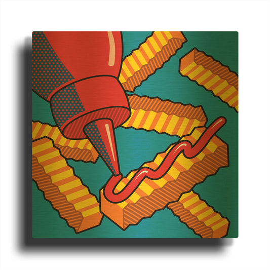 'Fries With Ketchup On Blue' By Ron Magnes Gold Metal Wall Art