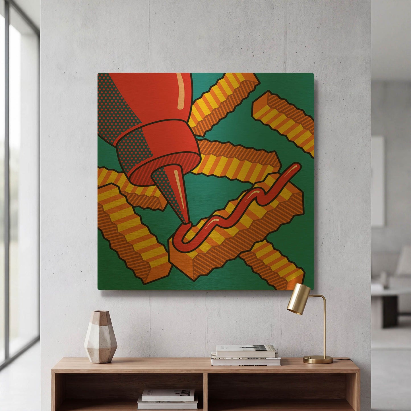 'Fries With Ketchup On Blue' By Ron Magnes Gold Metal Wall Art