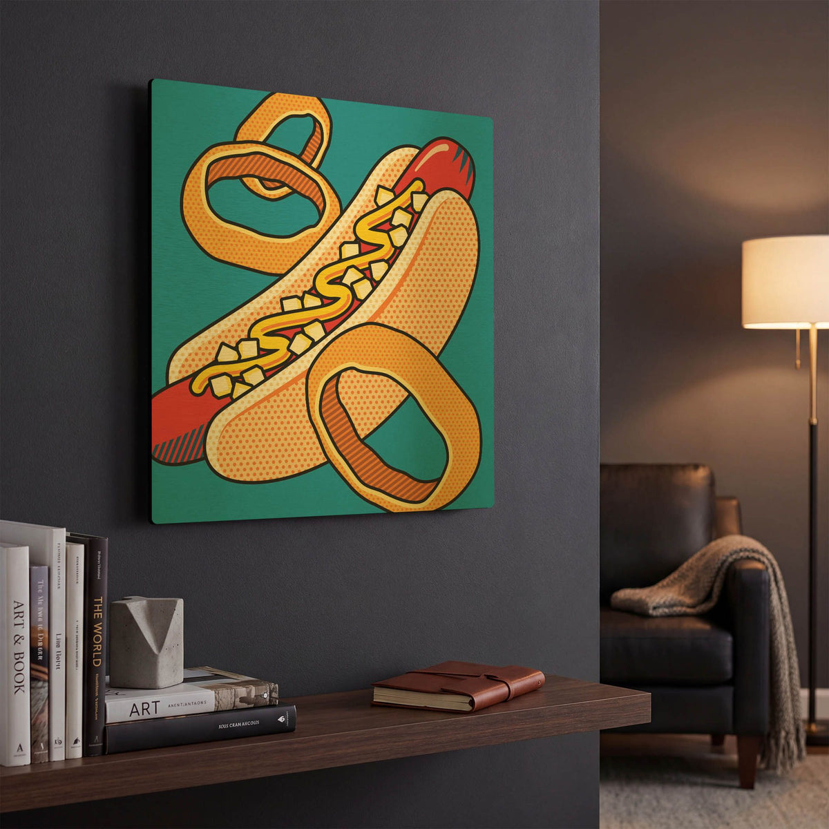 'Hot Dog Onion Rings On Blue' By Ron Magnes Gold Metal Wall Art