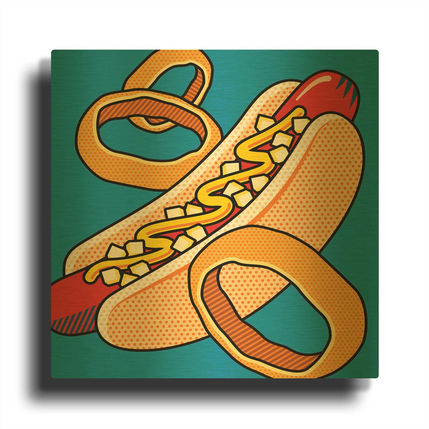 'Hot Dog Onion Rings On Blue' By Ron Magnes Gold Metal Wall Art