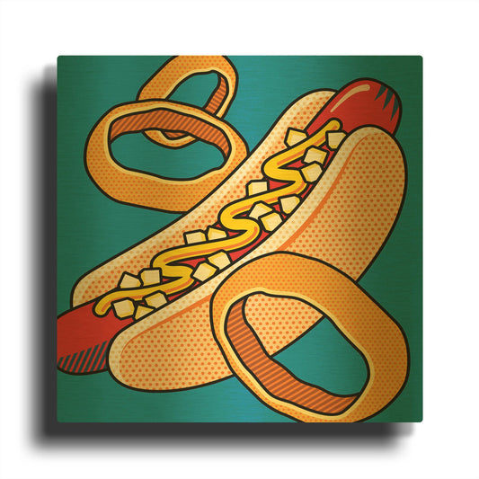 'Hot Dog Onion Rings On Blue' By Ron Magnes Gold Metal Wall Art