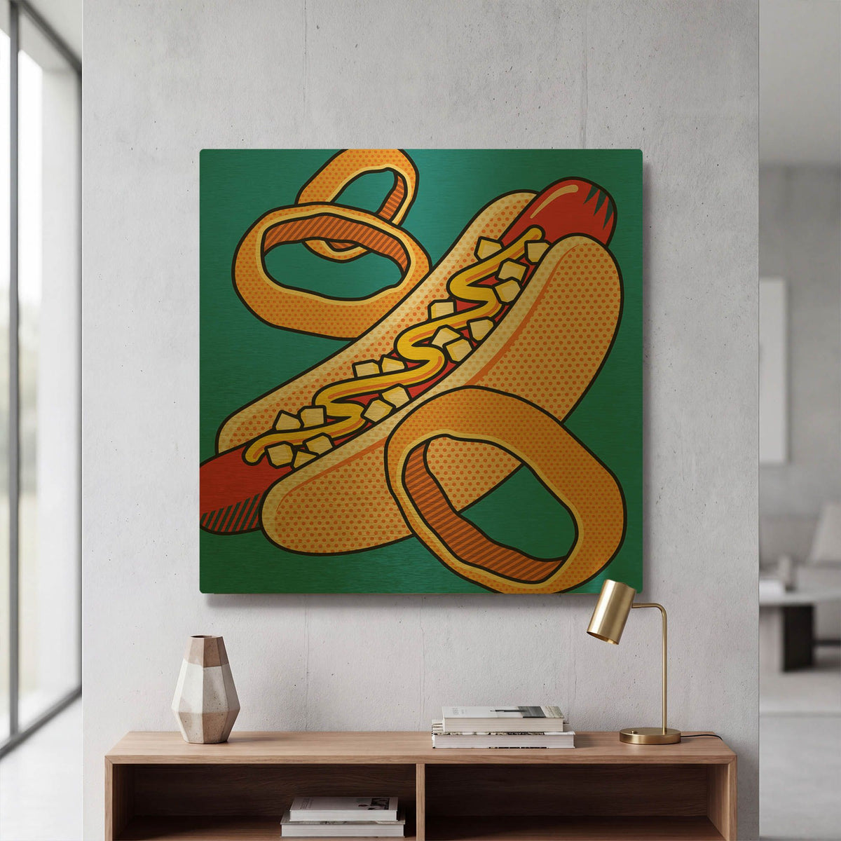 'Hot Dog Onion Rings On Blue' By Ron Magnes Gold Metal Wall Art