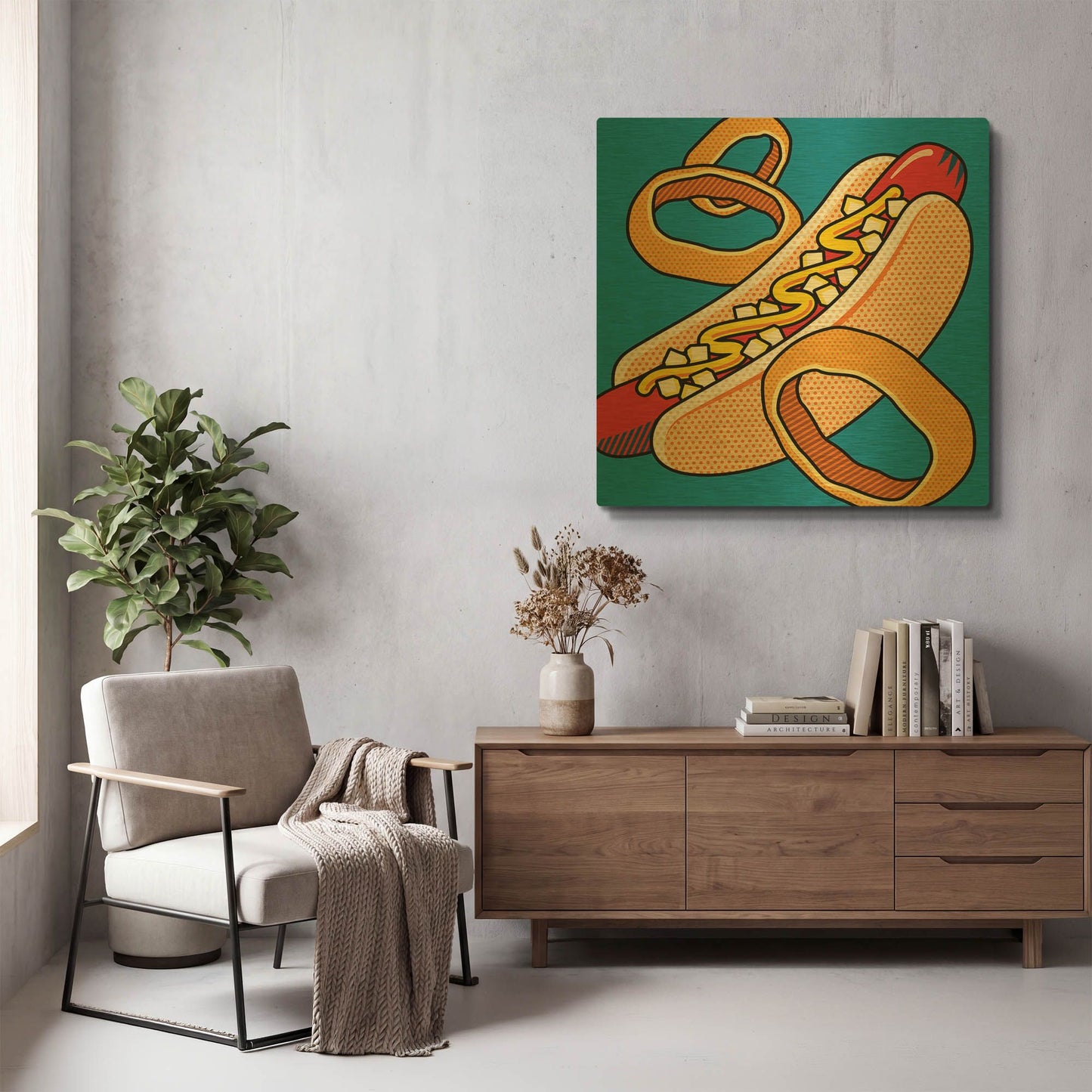 'Hot Dog Onion Rings On Blue' By Ron Magnes Gold Metal Wall Art