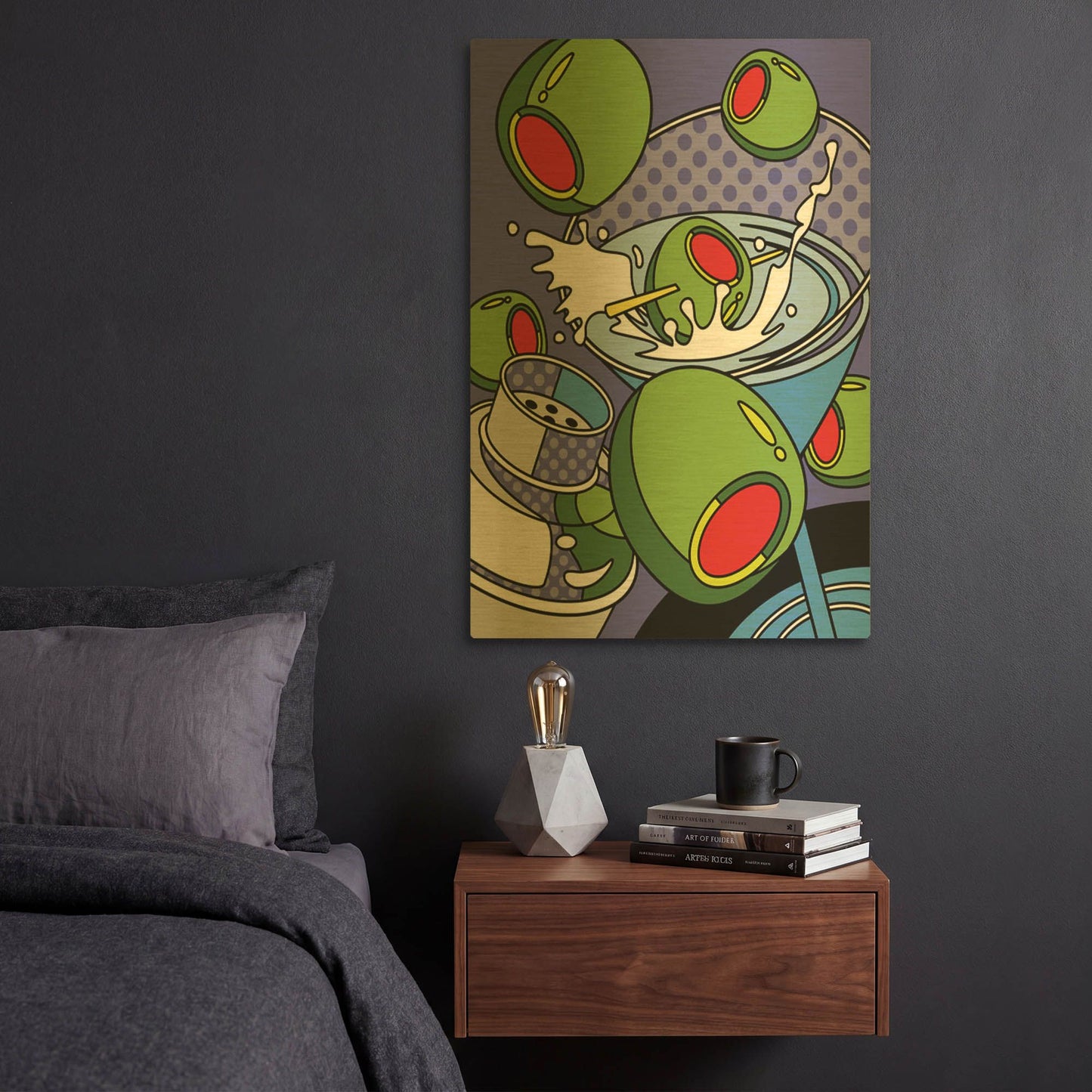 'Martini Flying Olives' By Ron Magnes Gold Metal Wall Art