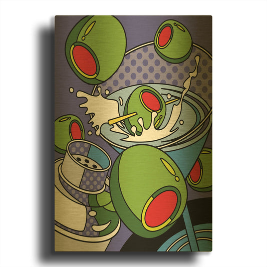 'Martini Flying Olives' By Ron Magnes Gold Metal Wall Art