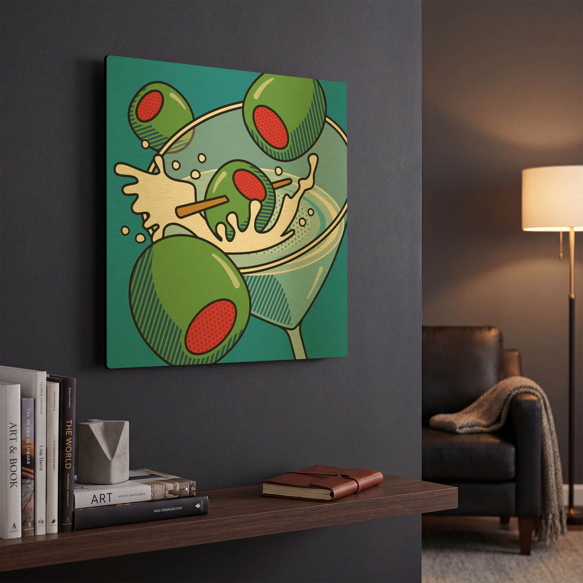 'Martini With Olives On Blue' By Ron Magnes Gold Metal Wall Art