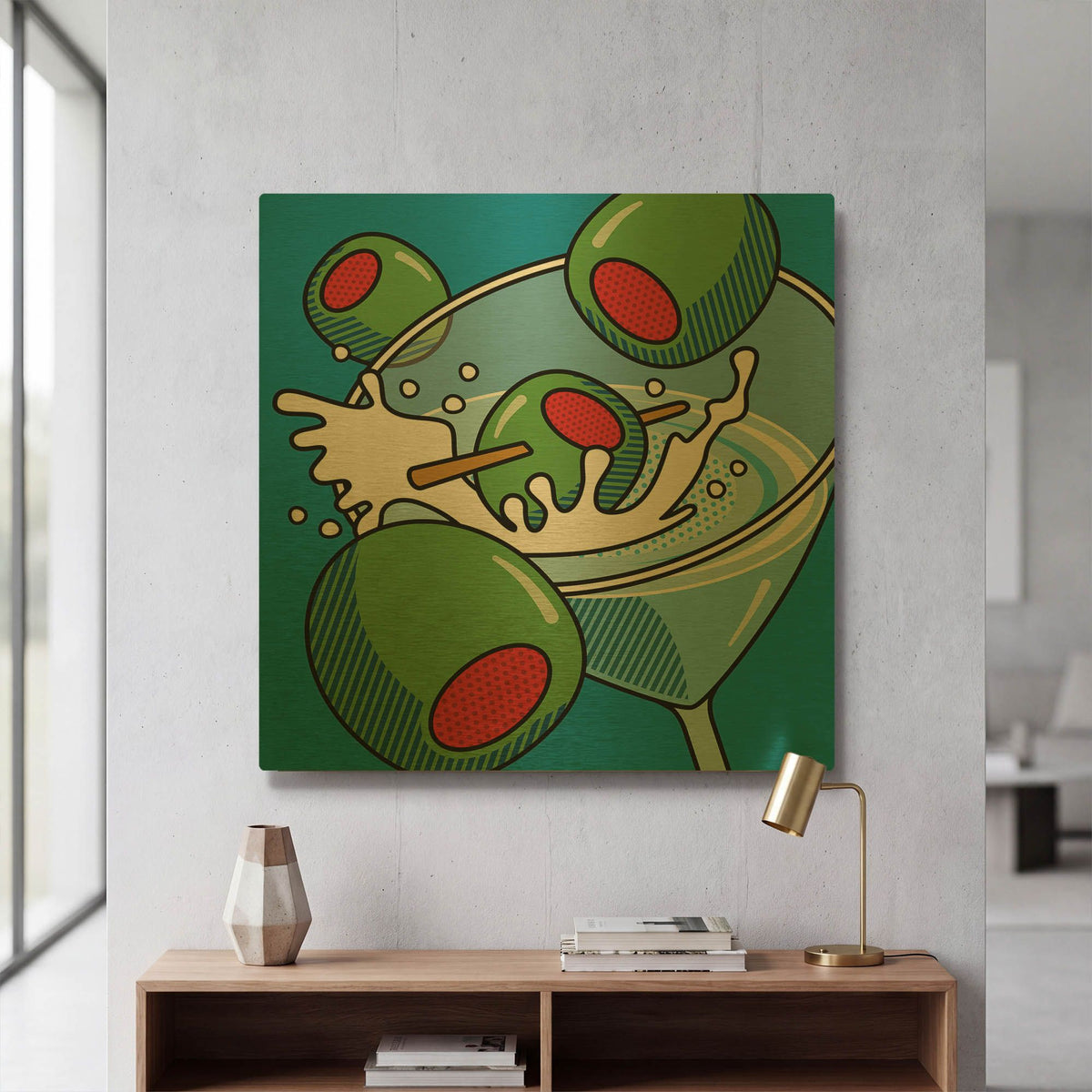 'Martini With Olives On Blue' By Ron Magnes Gold Metal Wall Art
