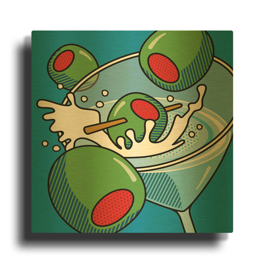 'Martini With Olives On Blue' By Ron Magnes Gold Metal Wall Art