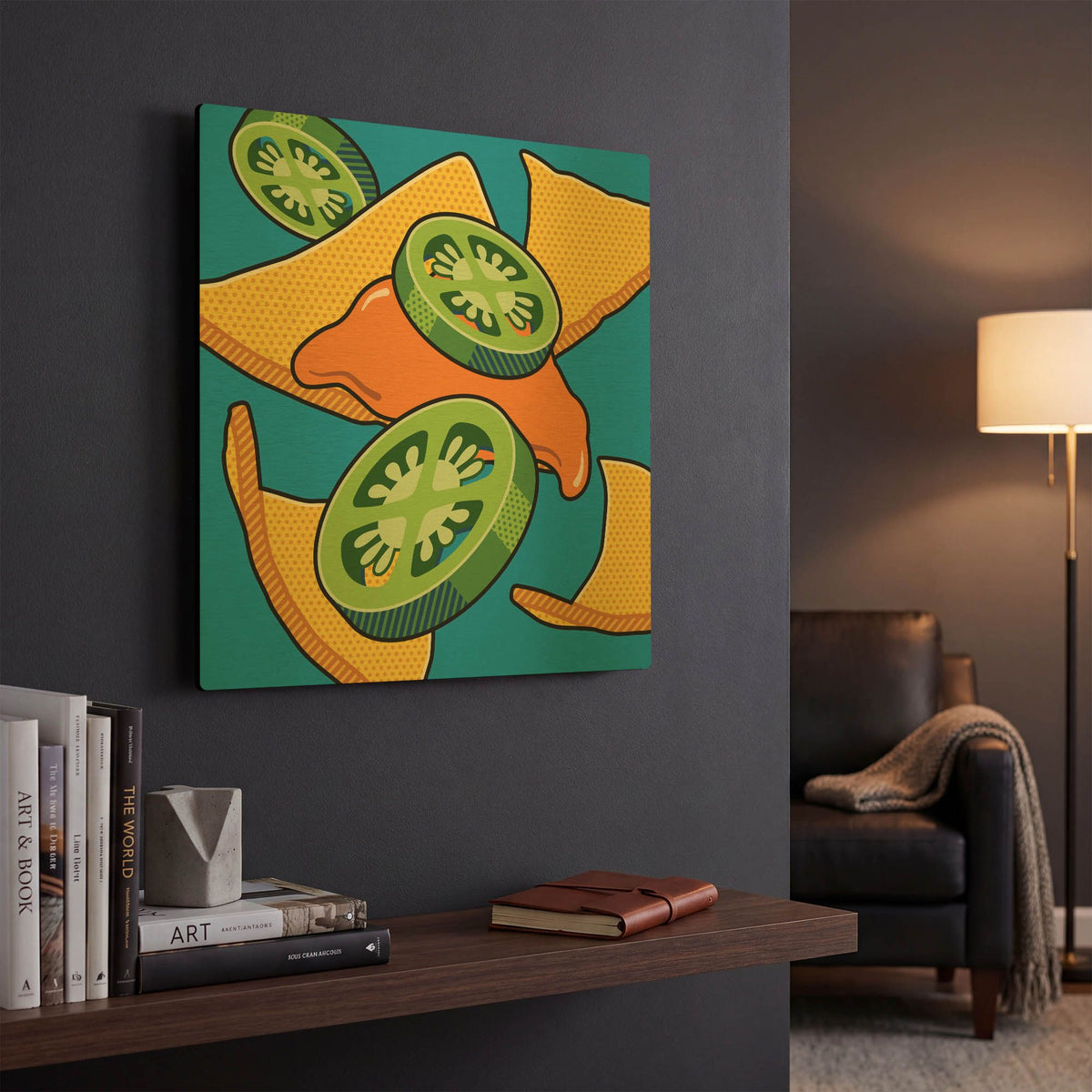 'Nachos With Jalapen~os On Blue' By Ron Magnes Gold Metal Wall Art