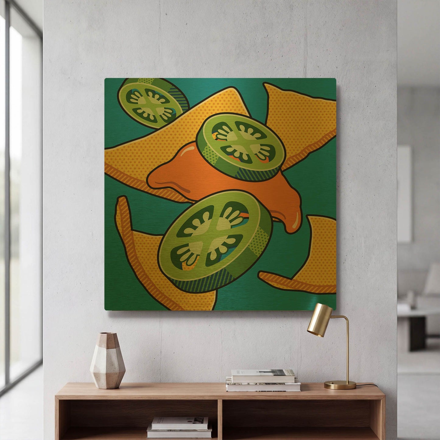 'Nachos With Jalapen~os On Blue' By Ron Magnes Gold Metal Wall Art