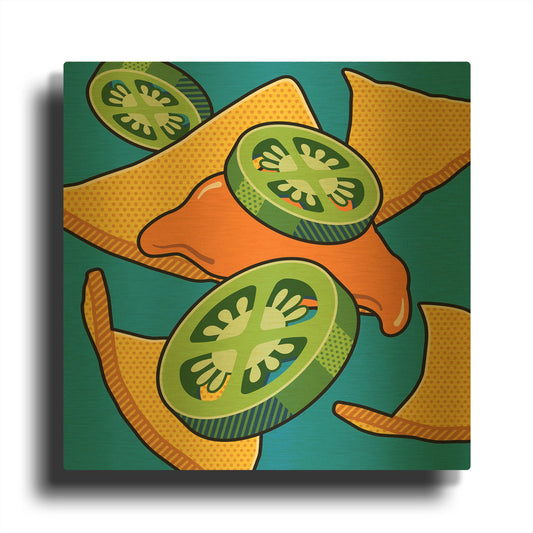 'Nachos With Jalapen~os On Blue' By Ron Magnes Gold Metal Wall Art