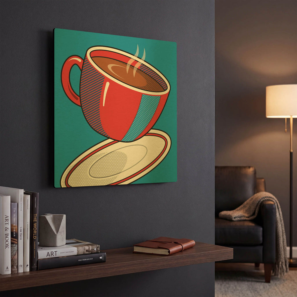 'Red Coffee Cup On Blue' By Ron Magnes Gold Metal Wall Art